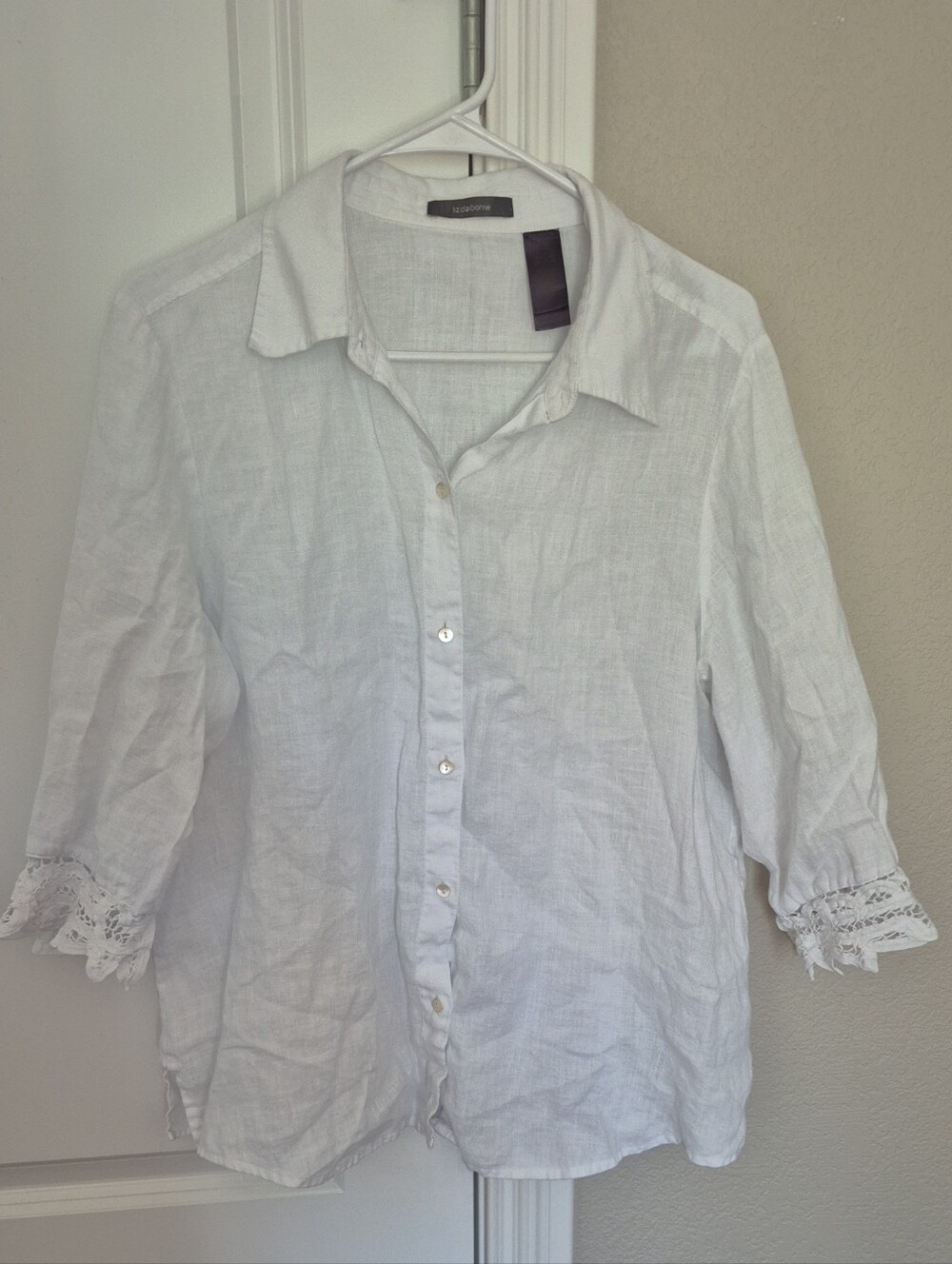 Liz Claiborne White Linen Button-Up Shirt with Lace Cuffs -  Women Shirts